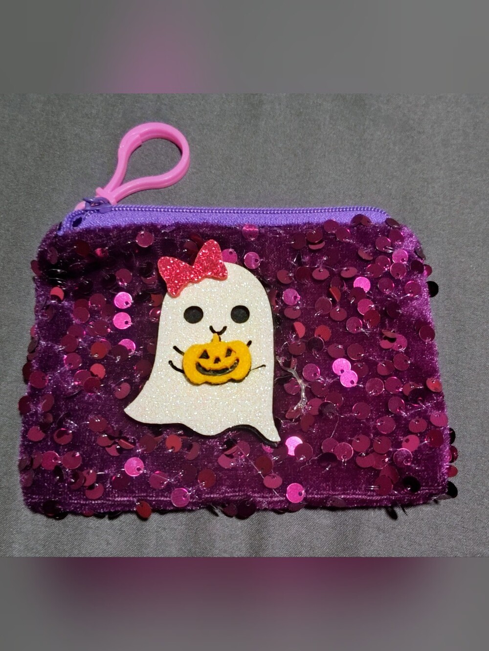 Kids Sequin Ghost Top Zipper Coin Purse - Pink/Purple NWOT